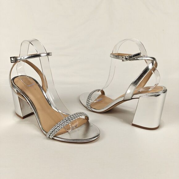 Jewel Badgley Mischka Suri Silver Metallic Block Heel Sandal Size 10 Party Comfy - Picture 2 of 10